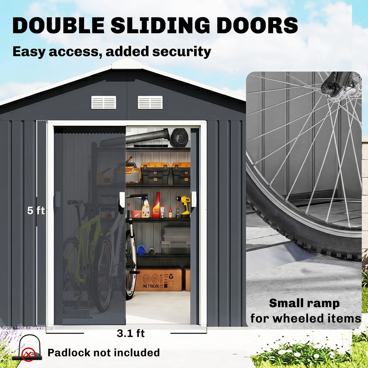 11' x 9' Steel Outdoor Utility Storage Tool Shed Kit for Backyard Garden, Grey