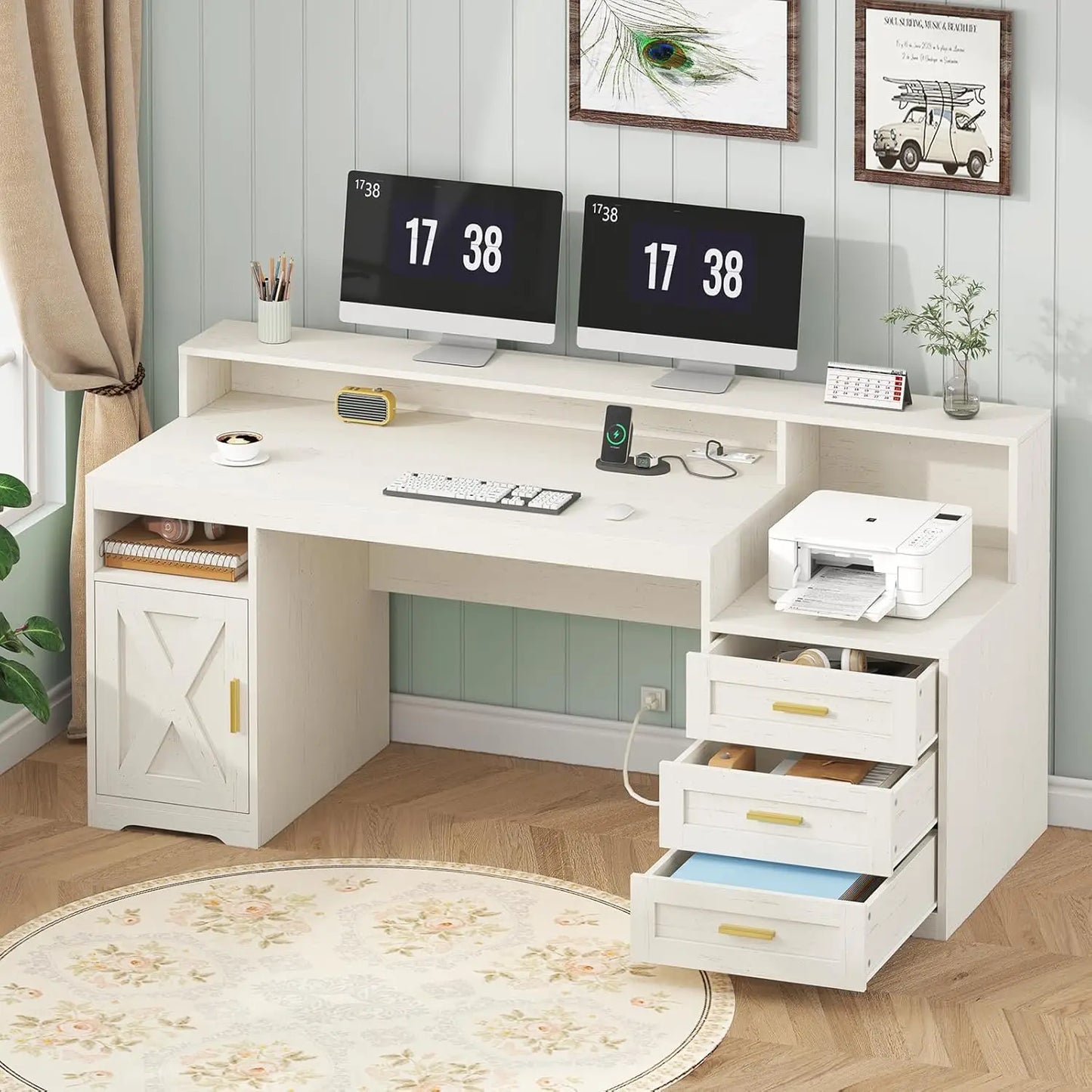 65'' Home Office Desk with Power Outlets, Storage Cabinet and Printer Stand