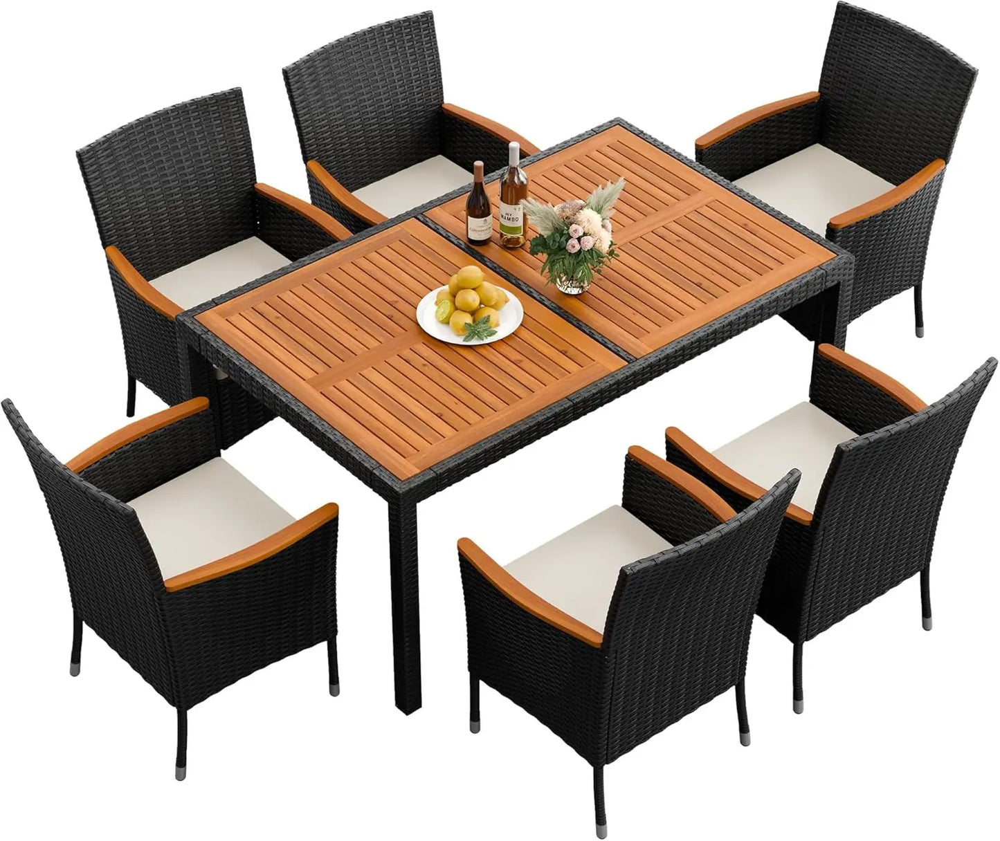7 Piece Acacia Wood Patio Dining Furniture Set, Wicker Chairs with Comfort Cushions