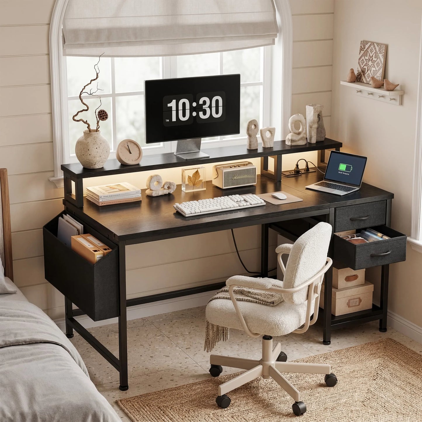40" Home Office Desk with Power Outlets & LED Strip and Monitor Stand Computer Desk With Drawers & Storage Bag for Small Space