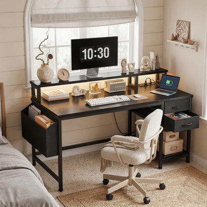 40" Home Office Desk with Power Outlets & LED Strip and Monitor Stand Computer Desk With Drawers & Storage Bag for Small Space