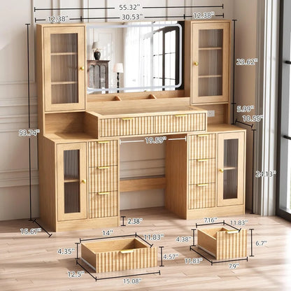 55" Fluted Makeup Vanity Desk with Mirror & Lights, 8 Drawers & 4 Cabinets, Tempered Glass Top, RGB, Custom