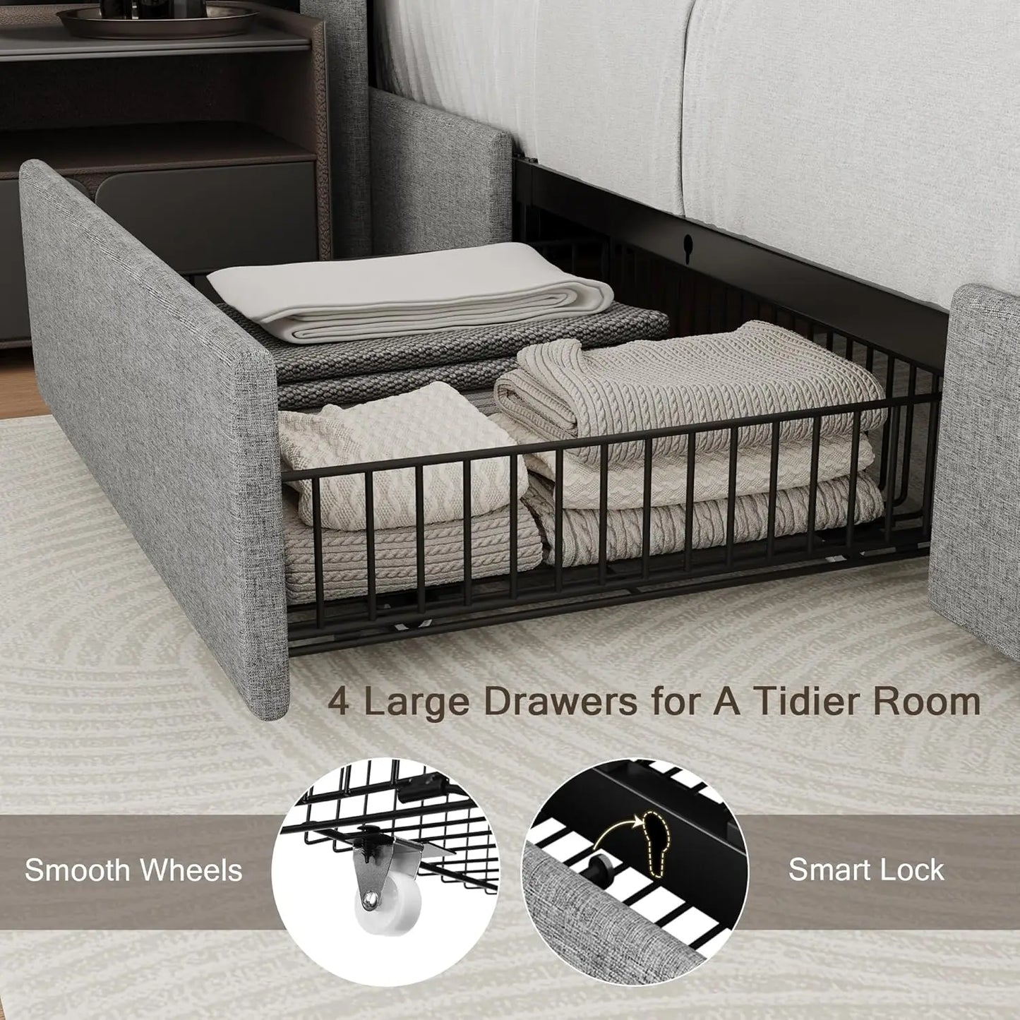Upholstered Platform Bed Frame Frame with 4 Storage Drawers and Charging Station