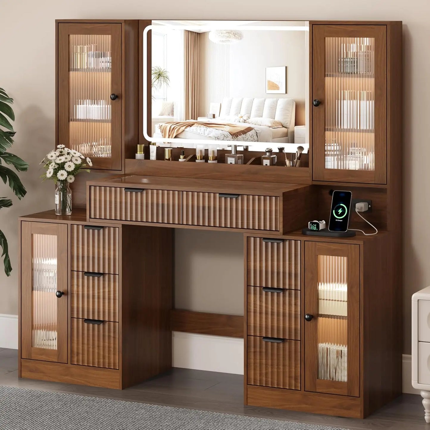 55" Fluted Makeup Vanity Desk with Mirror & Lights, 8 Drawers & 4 Cabinets, Tempered Glass Top, RGB, Custom