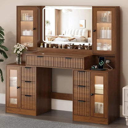 55" Fluted Makeup Vanity Desk with Mirror & Lights, 8 Drawers & 4 Cabinets, Tempered Glass Top, RGB, Custom