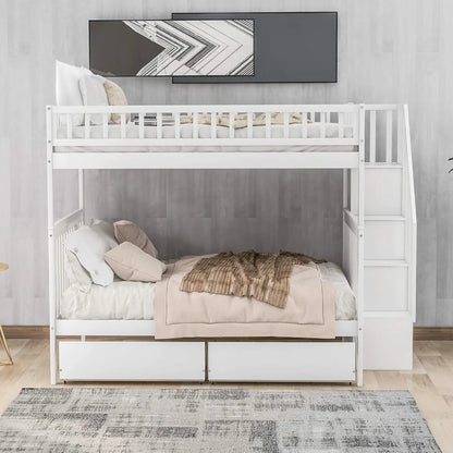 Full Over Full Bunk Bed with Drawers Stairs Storage Shelves Wood Frame for Kids Teens Adults Bedroom Furniture, Customized