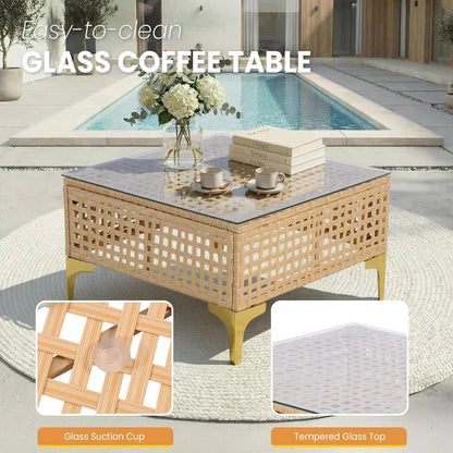 7-Piece Wicker Patio Sectional Sofa with Cushions & Glass Coffee Table for Porch Garden Backyard