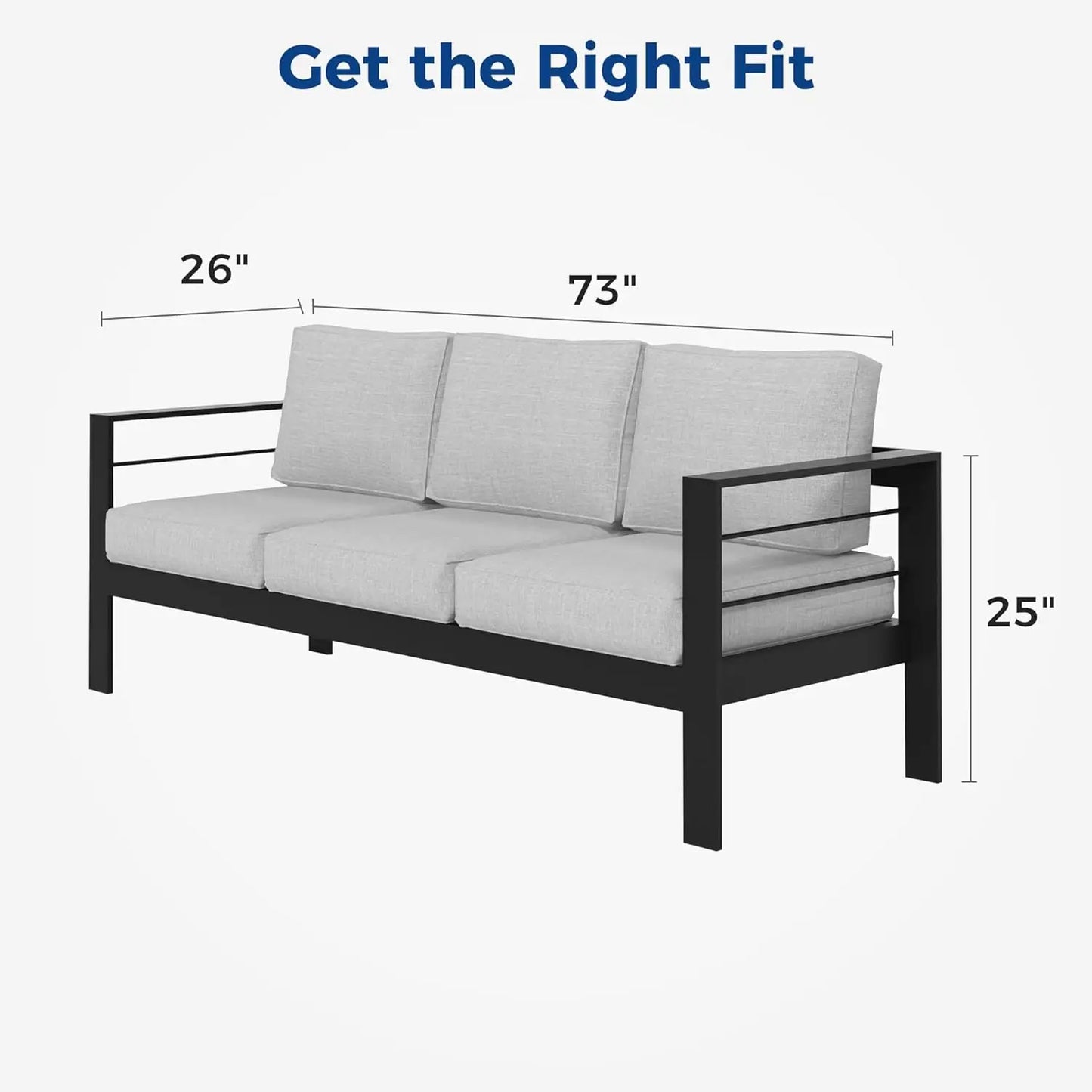 All-Weather Outdoor 3 Seats Couch, Black Metal Chair with Light Grey Cushions
