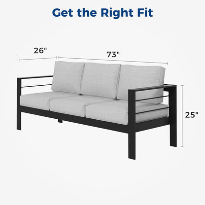 All-Weather Outdoor 3 Seats Couch, Black Metal Chair with Light Grey Cushions