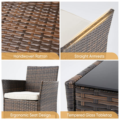 3 Piece Outdoor Patio Furniture Set Wicker Rattan Patio Chairs with Soft Cushion and Glass Table For Garden