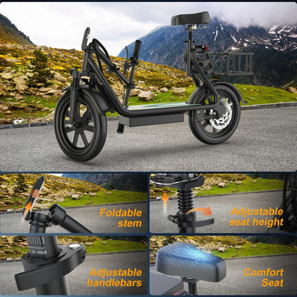 14‘’ Electric Scooter with Seat for Adult, 20MPH Speed Power by 500W Motor, 48V/10.4Ah Battery,28miles Max Range Wider Deck & Height Carry Basket