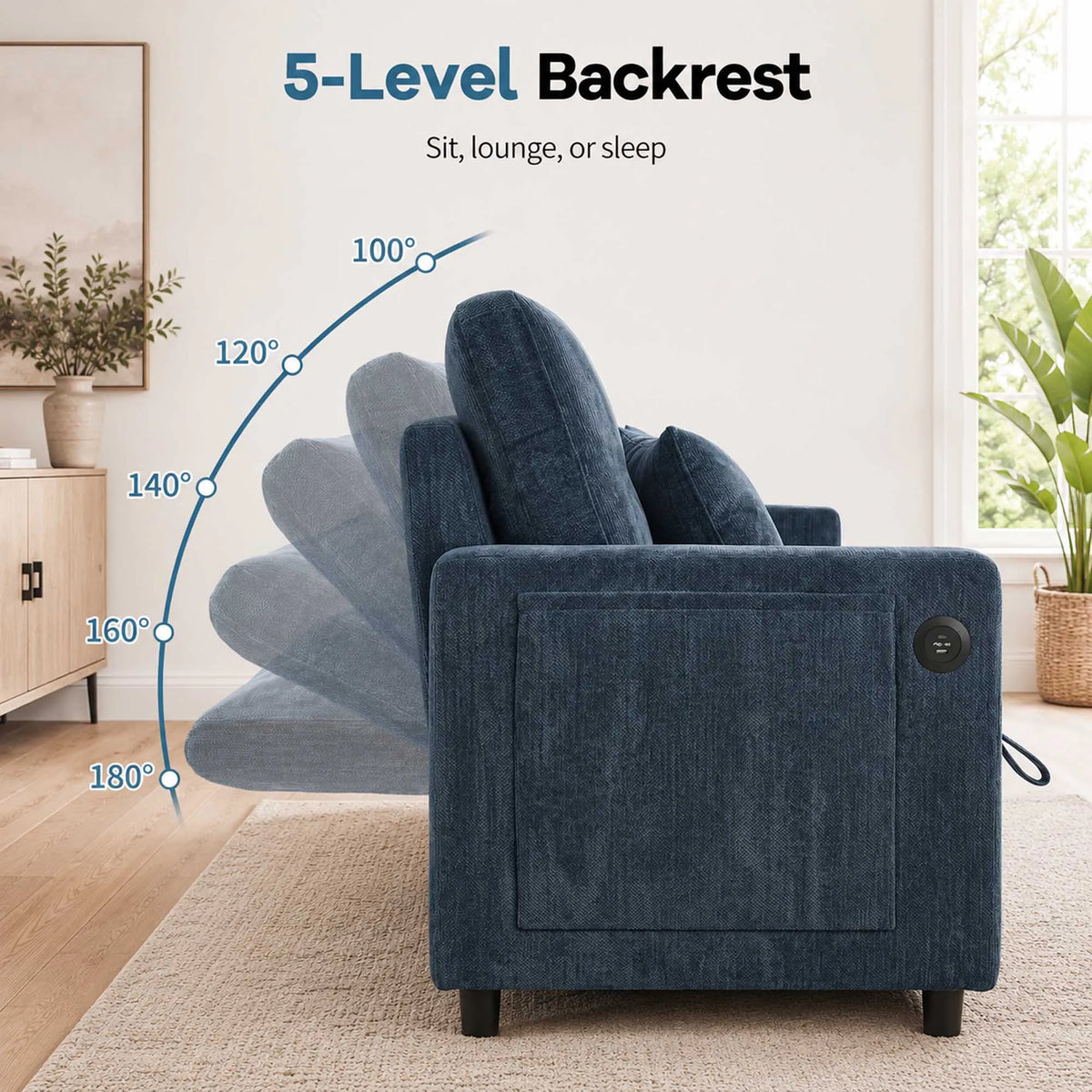 L-Shaped Sleeper Sofa with Pull Out Bed, Convertible Sectional Couch with Storage Chaise, USB/Type-C Charging and Cup Holders, Plush Chenille Modular Sofa for Living Room, Blue
