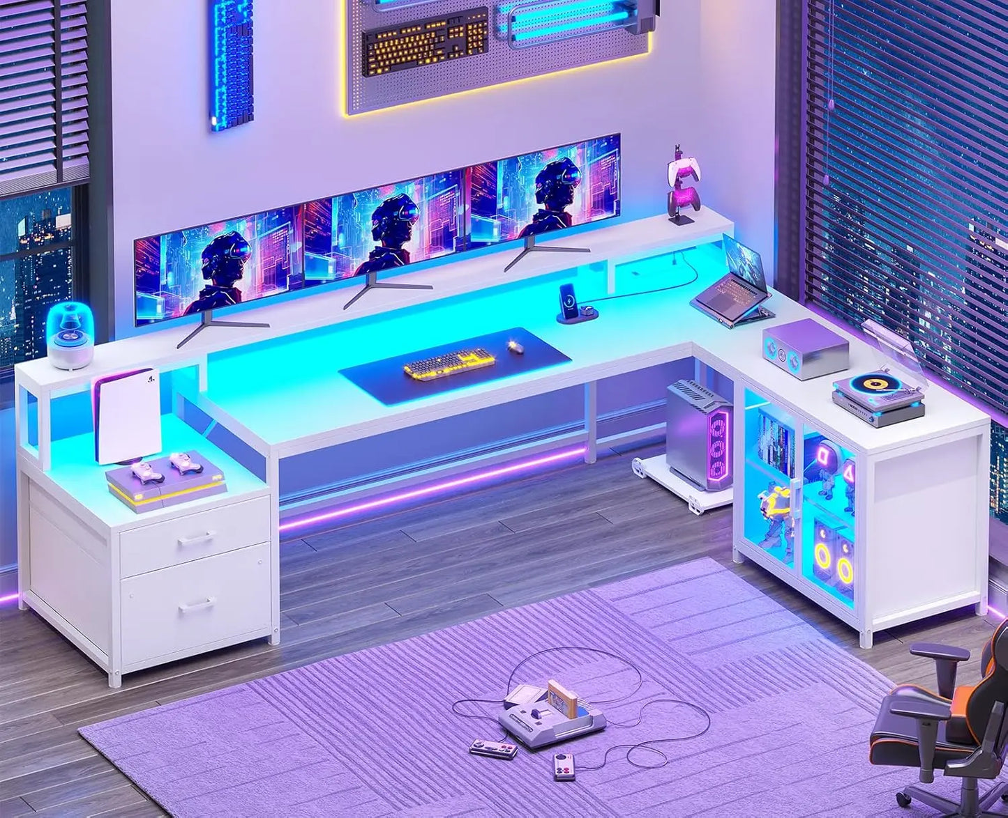 Large Computer Desk with Drawers and Power Outlet & LED Light,