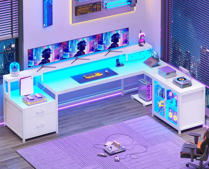 Large Computer Desk with Drawers and Power Outlet & LED Light,