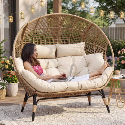 Indoor / Outdoor Stationary Oversized Double Egg Chair   6.5" Thick Padded Cushions, 2 Person Wicker Egg Loveseat Chair