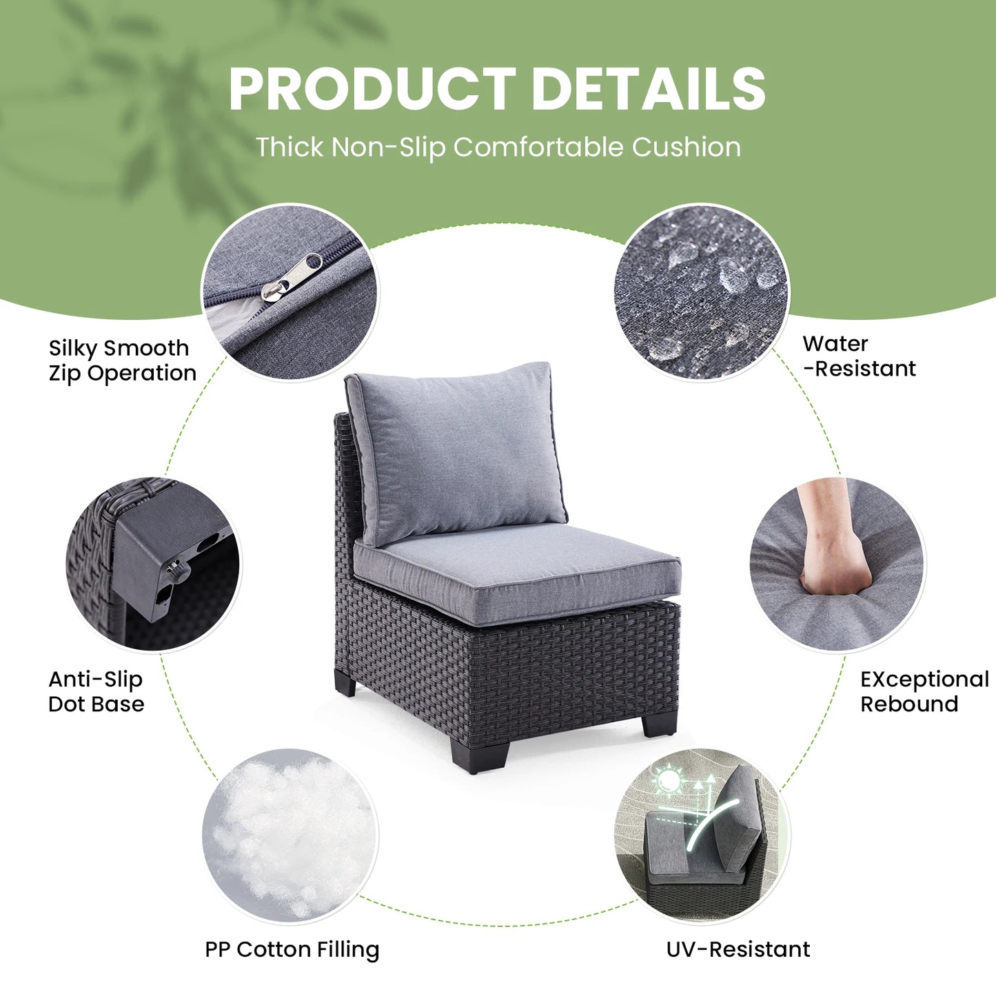 Patio Sectional Sofa Set, with Ottoman, Water/Oil/Stain-Resistant Fabric, Dark Gray Cushion + Gray Wick