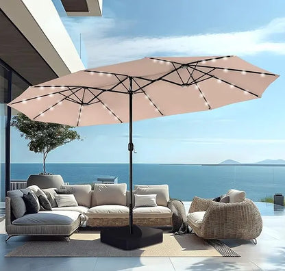 15ft Large Patio Umbrella with Solar Lights, Double-Sided Outdoor Market Rectangle Umbrellas with 36 LED Lights, Umbrella Base
