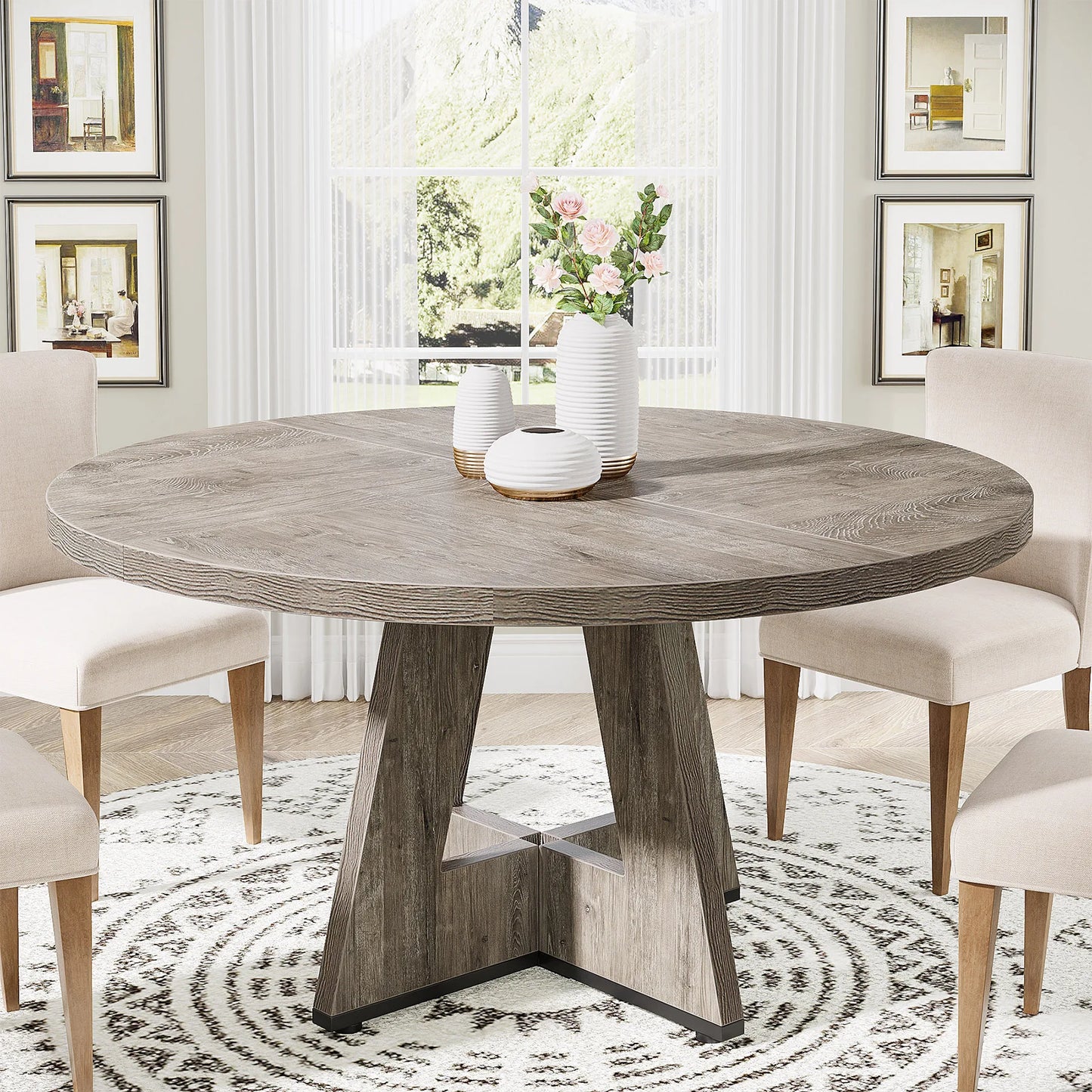Round Dining Table for 4, 47 Inch Farmhouse Kitchen Table