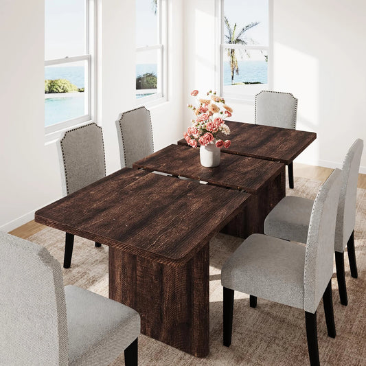 63-82.7 Inch Extendable Dining Table For 8-10, Farmhouse Rectangle Kitchen Table With Rounded Corners, Wood Base For Dining Room