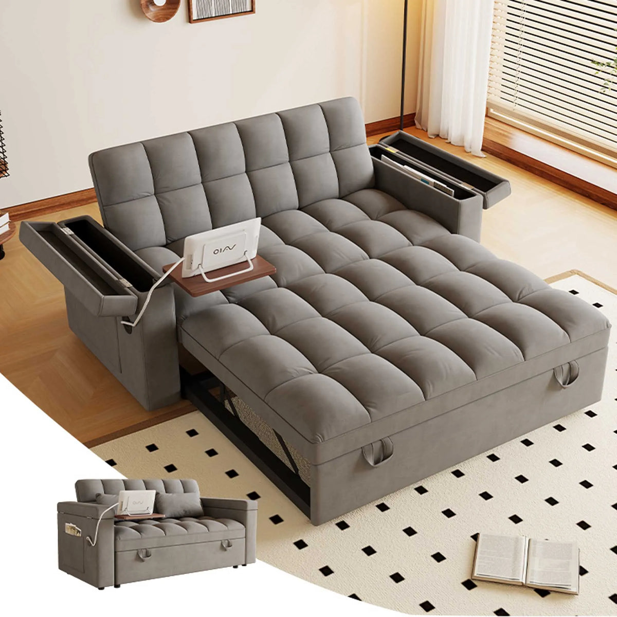 3-in-1 Foldable Velvet Sofa Bed with USB Charging Port, Table Board and Storage Armrests, Adjustable Backrest Sleeper Couch for Living Room Apartment Guest Room, Black