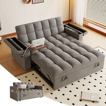 3-in-1 Foldable Velvet Sofa Bed with USB Charging Port, Table Board and Storage Armrests, Adjustable Backrest Sleeper Couch for Living Room Apartment Guest Room, Black