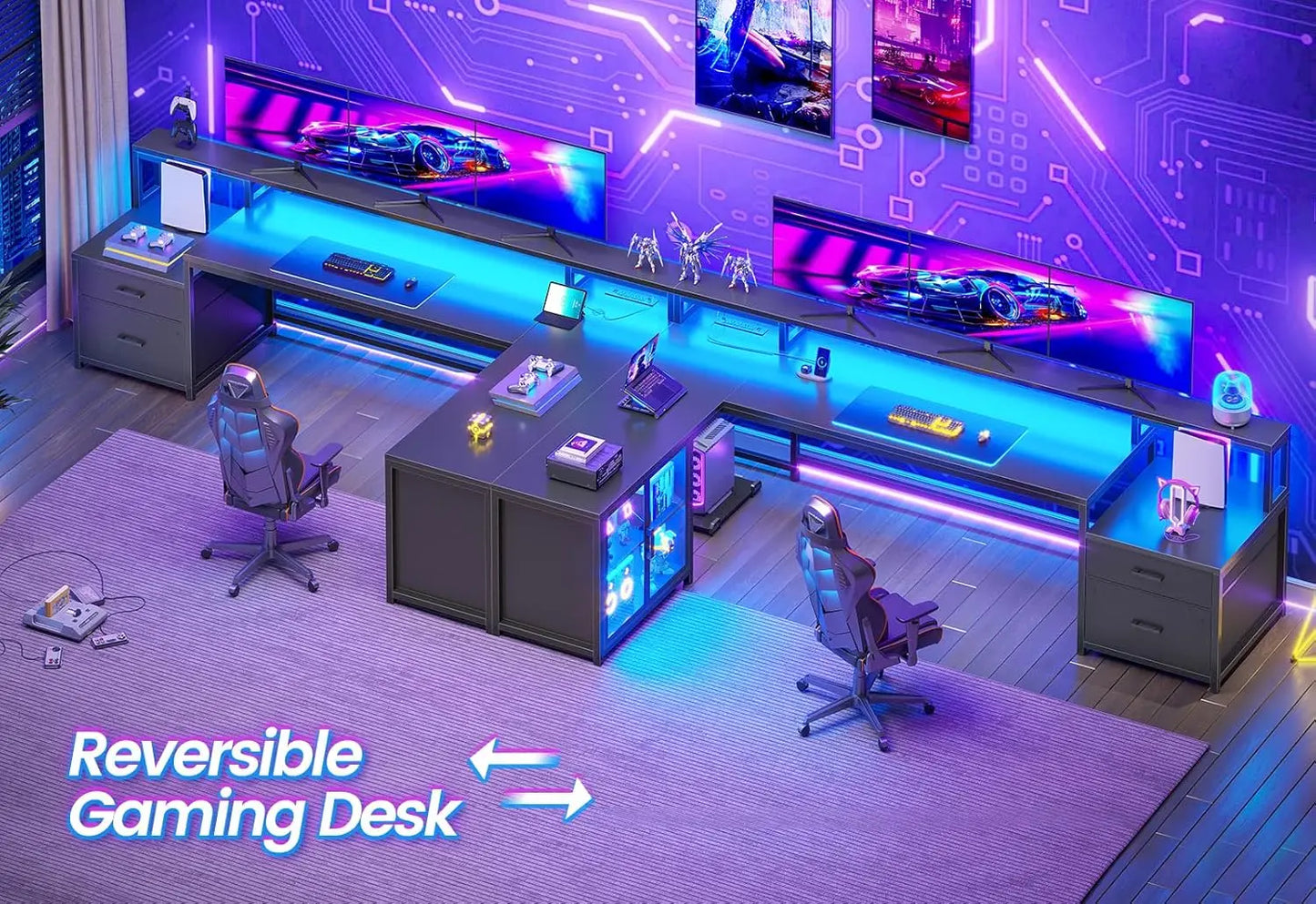 Large Computer Desk with Drawers and Power Outlet & LED Light,