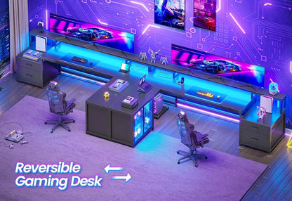 Large Computer Desk with Drawers and Power Outlet & LED Light,