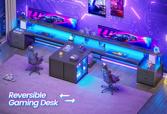 Large Computer Desk with Drawers and Power Outlet & LED Light,