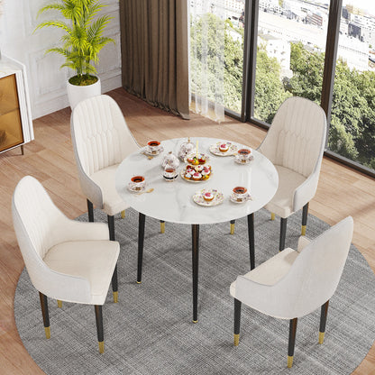 32" Round Stone Dining Table  for 2-4 Person - Small Kitchen Table with Black Metal Legs