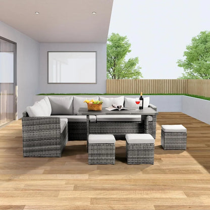 7 Piece Outdoor Patio Furniture Set with Dining Table and Chairs All Weather Wicker Conversation Set Includes Ottoman and Sofa Cover Grey