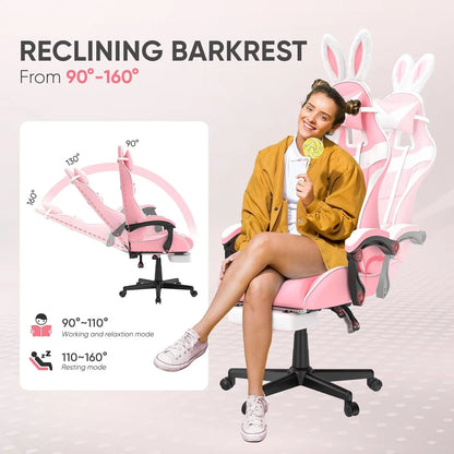 Pink Ergonomic Gaming Chair with Bunny Ears Footrest Headrest Lumbar Support for Home Office