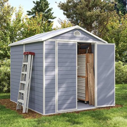 Aoxun 8 x 6 FT Outdoor Storage Shed with Window, Resin Shed with Floor & Lockable Doors, Garden Shed Waterproof Plastic Tool