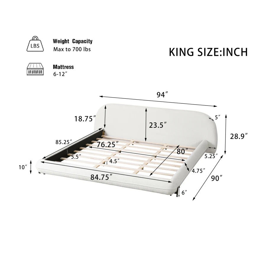 King Size Bed Frame with Boucle Fabric, Upholstered Platform Bed with Curve-Shaped Design and Thick Headboard