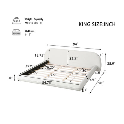 King Size Bed Frame with Boucle Fabric, Upholstered Platform Bed with Curve-Shaped Design and Thick Headboard