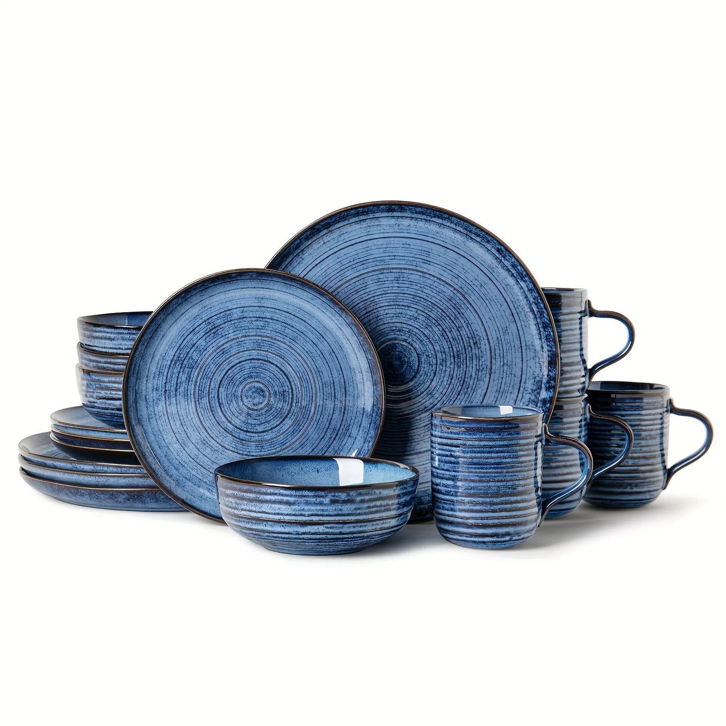 16pcs Blue Threaded Ceramic Dinnerware Set - A Reactive Change Glaze Dish Set Including Plates, Pasta Bowls, Soup Bowls, And Mugs, Serving 4 People, High Quality Stoneware Suitable for Gifting, Valentine's Day, Parties, And W