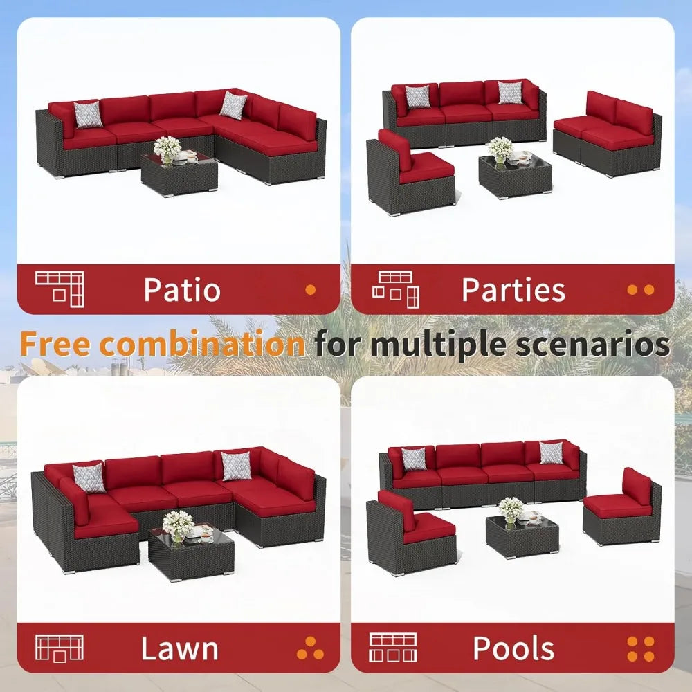Black Rattan Wicker Sectional  Outdoor Patio Furniture Sofa Set  with Glass Top Table and Cushions (Red)