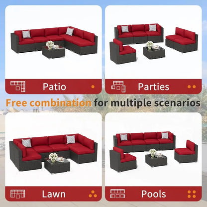 Black Rattan Wicker Sectional  Outdoor Patio Furniture Sofa Set  with Glass Top Table and Cushions (Red)