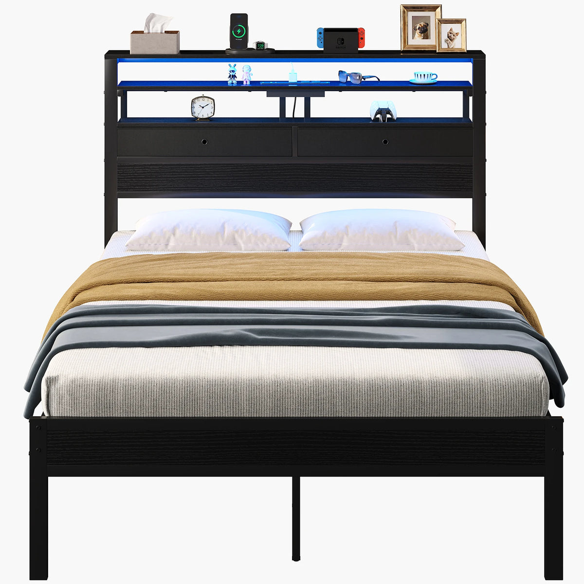Basic Bed Frame  with Storage LED Charging Station Headboard Sturdy Steel Slat Support All Size Bedroom Bed For Home