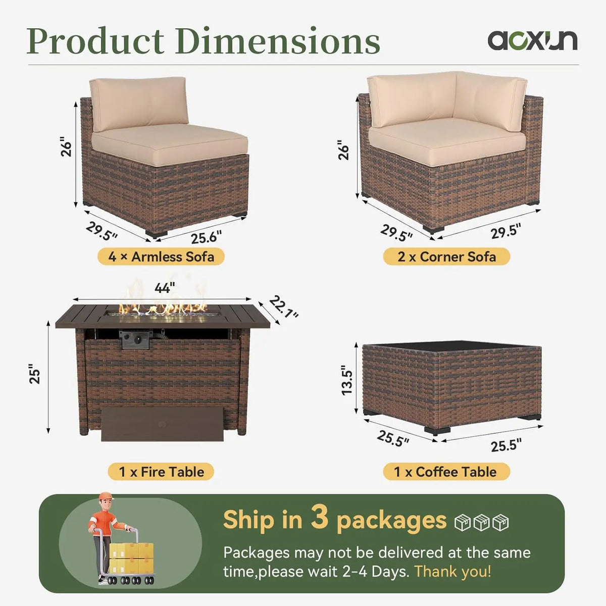 8 Piece Patio Furniture Set with 44” Fire Pit Table Wicker Rattan Outdoor Sectional Sofa Set with Coffee Table