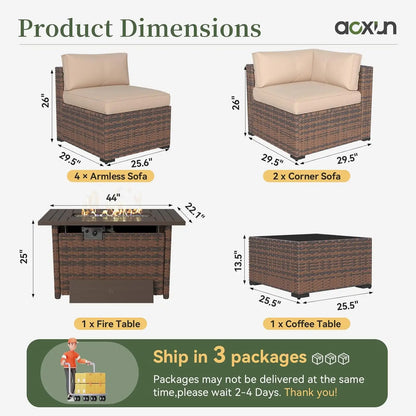 8 Piece Patio Furniture Set with 44” Fire Pit Table Wicker Rattan Outdoor Sectional Sofa Set with Coffee Table