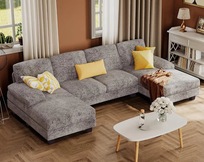U-Shaped Sofa Couch with Linen Fabric, 4 Seat Sofa Set with Double Chaise