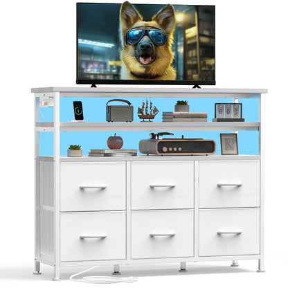 TV Stand Dresser For Living Room With 6 Fabric Drawers