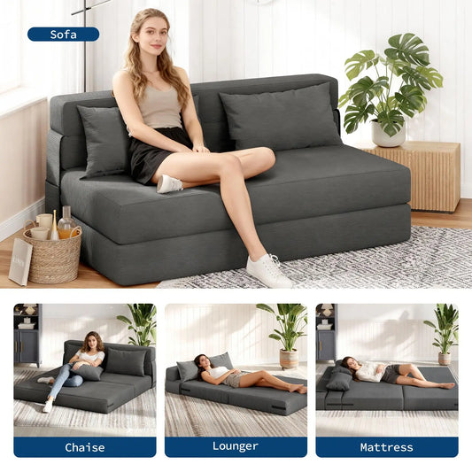 4-in-1 Folding Convertible  Bed Sleeper Soft Corduroy Loveseat Couch With Pillow Space-Saving Fold Out Chair Bed For Room