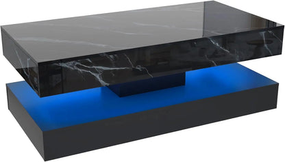 Modern  Coffee Table with LED lights, Double-Layer Design for Living Room Coffee Table with 2 Storage Drawers