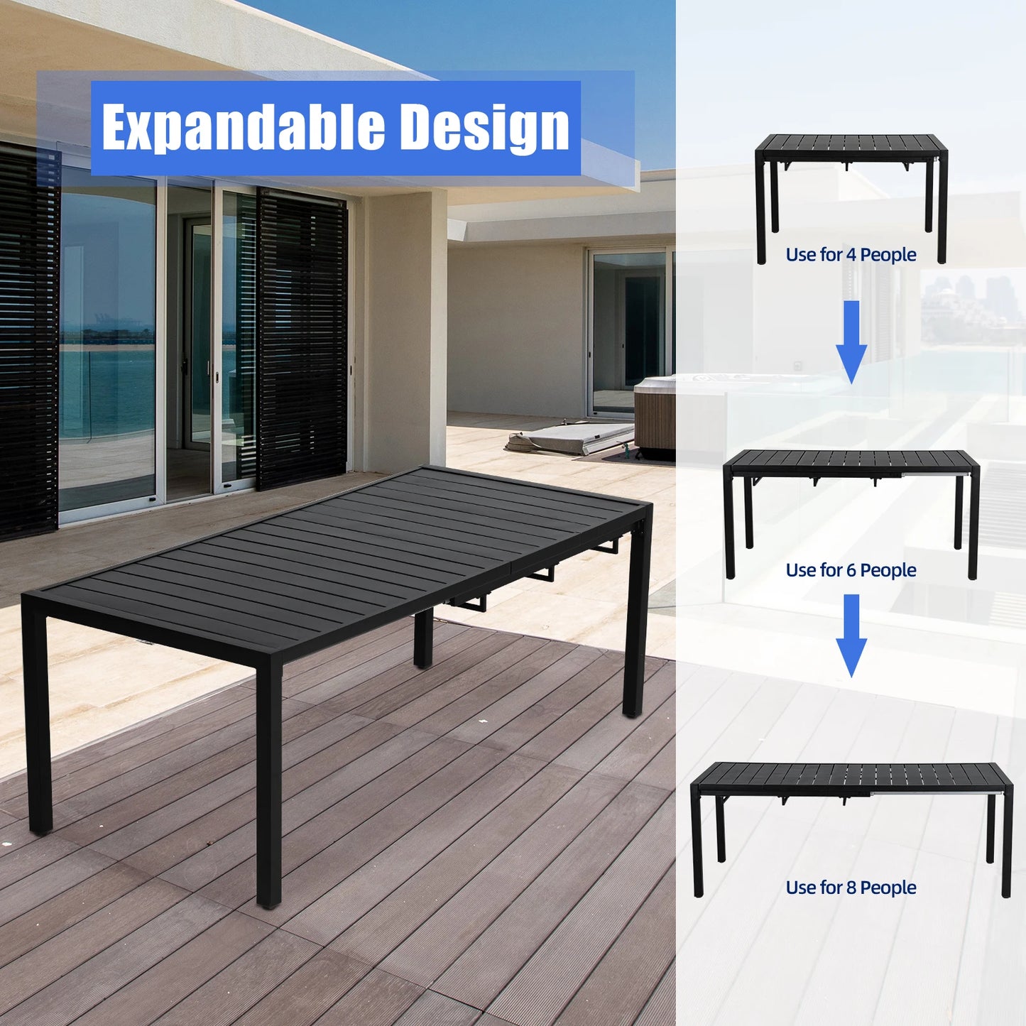 9-Piece Outdoor Dining Set Extendable Table & 8 Blue Foam Padded Textilene Swivel Chairs for Patio, Garden or Poolside