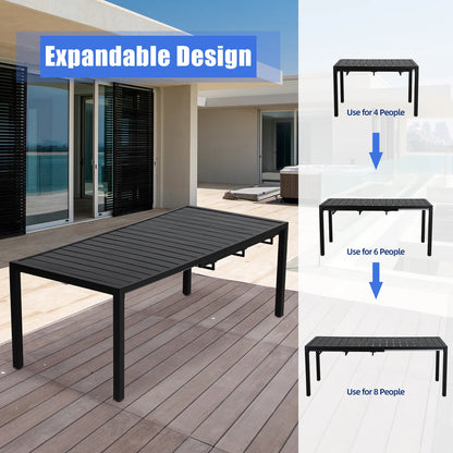 9-Piece Outdoor Dining Set Extendable Table & 8 Blue Foam Padded Textilene Swivel Chairs for Patio, Garden or Poolside
