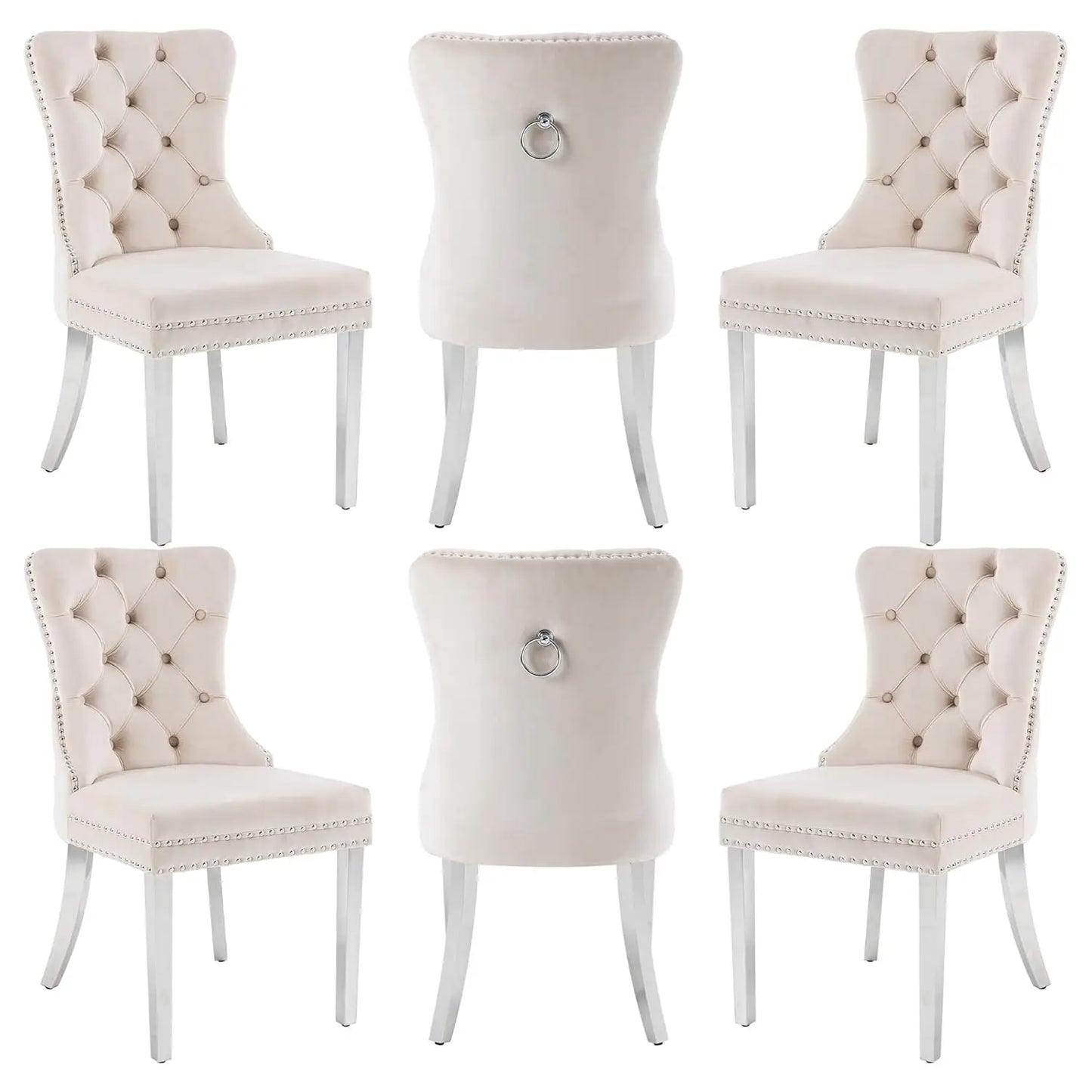 Leather Dining Chairs with Solid Wood Legs and Pull Ring, Luxury, Customized Set of 6