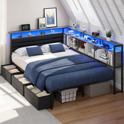 Corner Bed Frame with 3 Storage Drawers, LED Lights & Charging stations