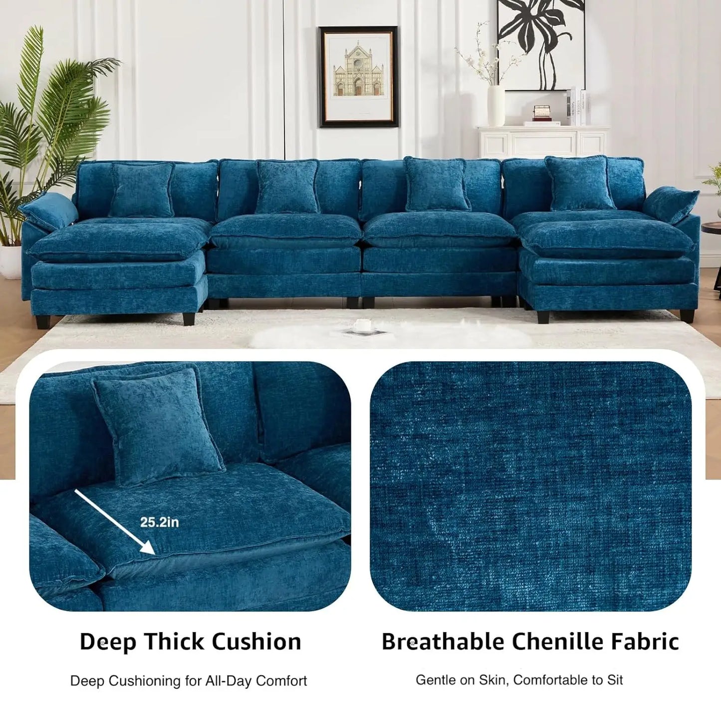 117.9" Modern Sectional Couches for Living Room, Blue Chenille Comfy Cloud Couch