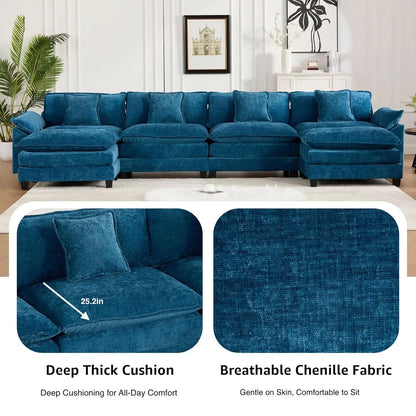 117.9" Modern Sectional Couches for Living Room, Blue Chenille Comfy Cloud Couch